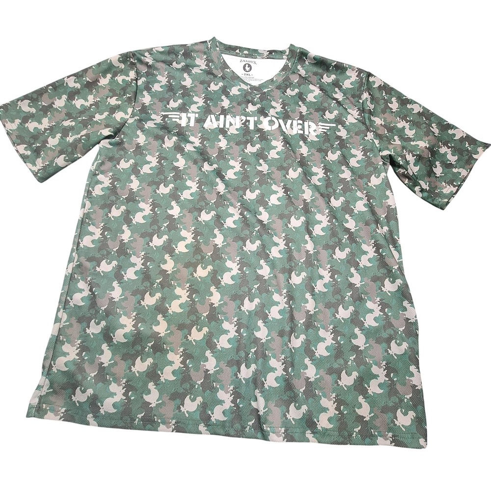 Zaxbys Mens 2XL Green Camo Chicken Print T-Shirt It Aint Over Graphic V-Neck Tee